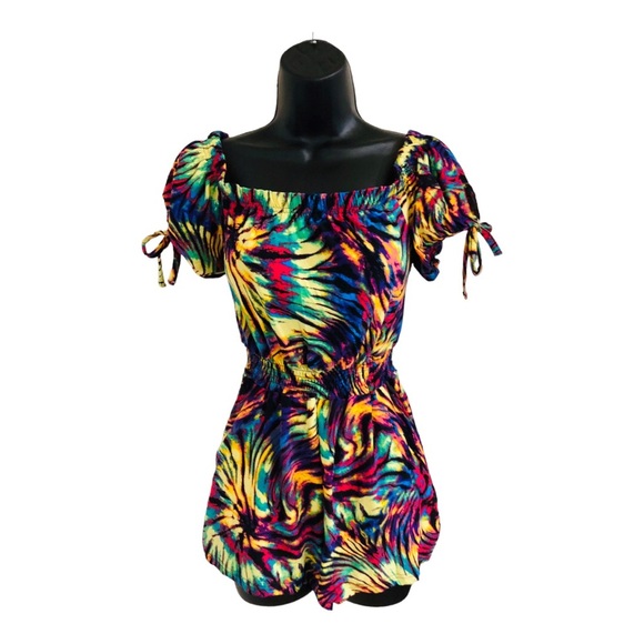 Supercute off the shoulder colorful tie dye look elastic hem romper size large - Picture 4 of 16